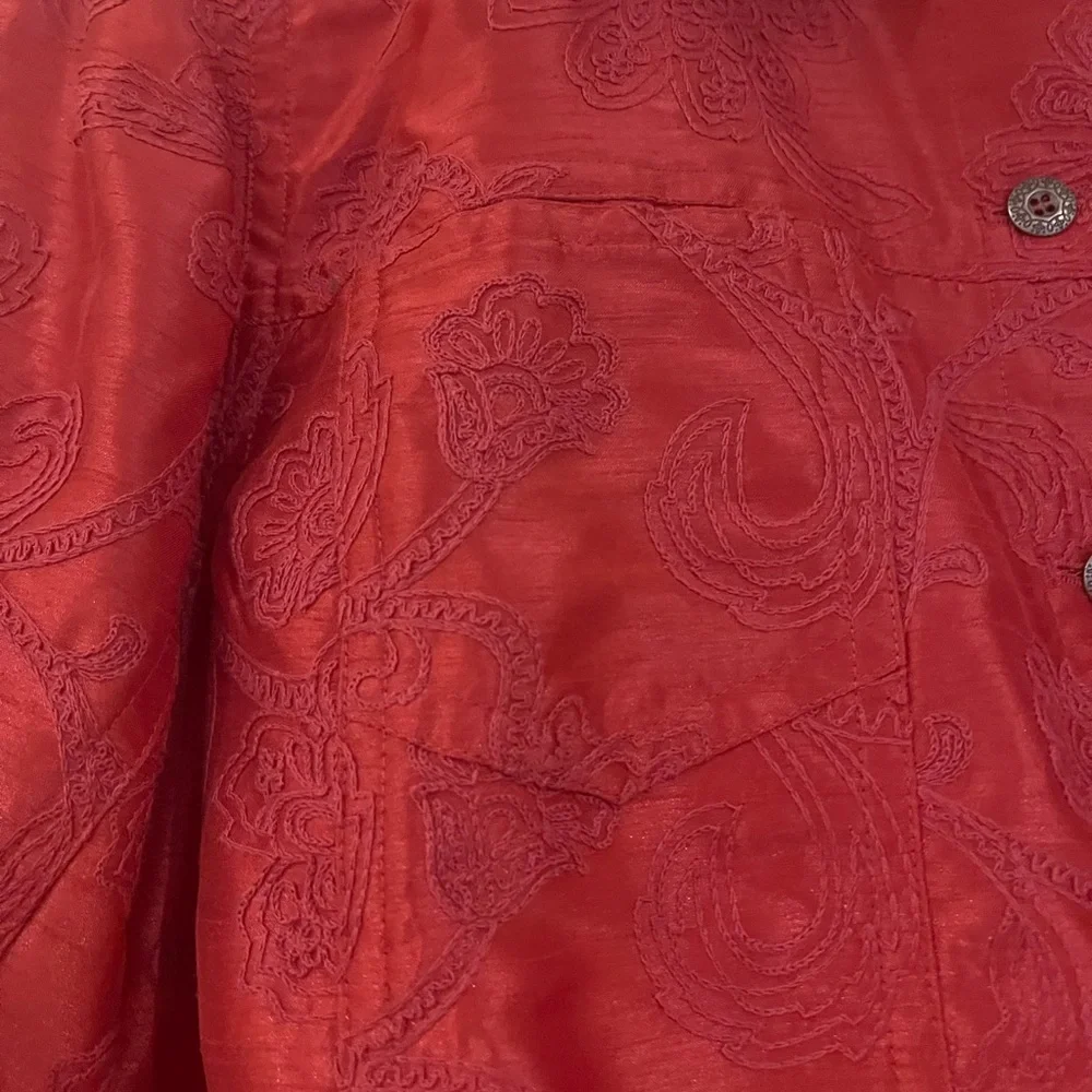 Susan Graver Red Paisley-Embossed Jean Jacket - Picture 3 of 8